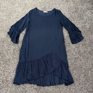 Stark X Navy Ruffled Peasant Boho Silky Satin Dress